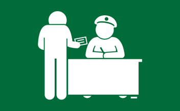 White icon of a security guard sitting behind a desk. A person with a card in their hand is standing in front of the desk.