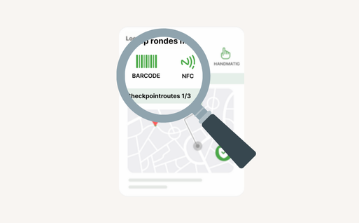 Mock-up van de checkpointscan in SequriX. De pictogrammen van de barcode en de NFC-tag worden vergroot door een vergrootglas.