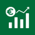 White icon of a bar chart showing an increase and a euro sign in a circle with an arrow showing an increase