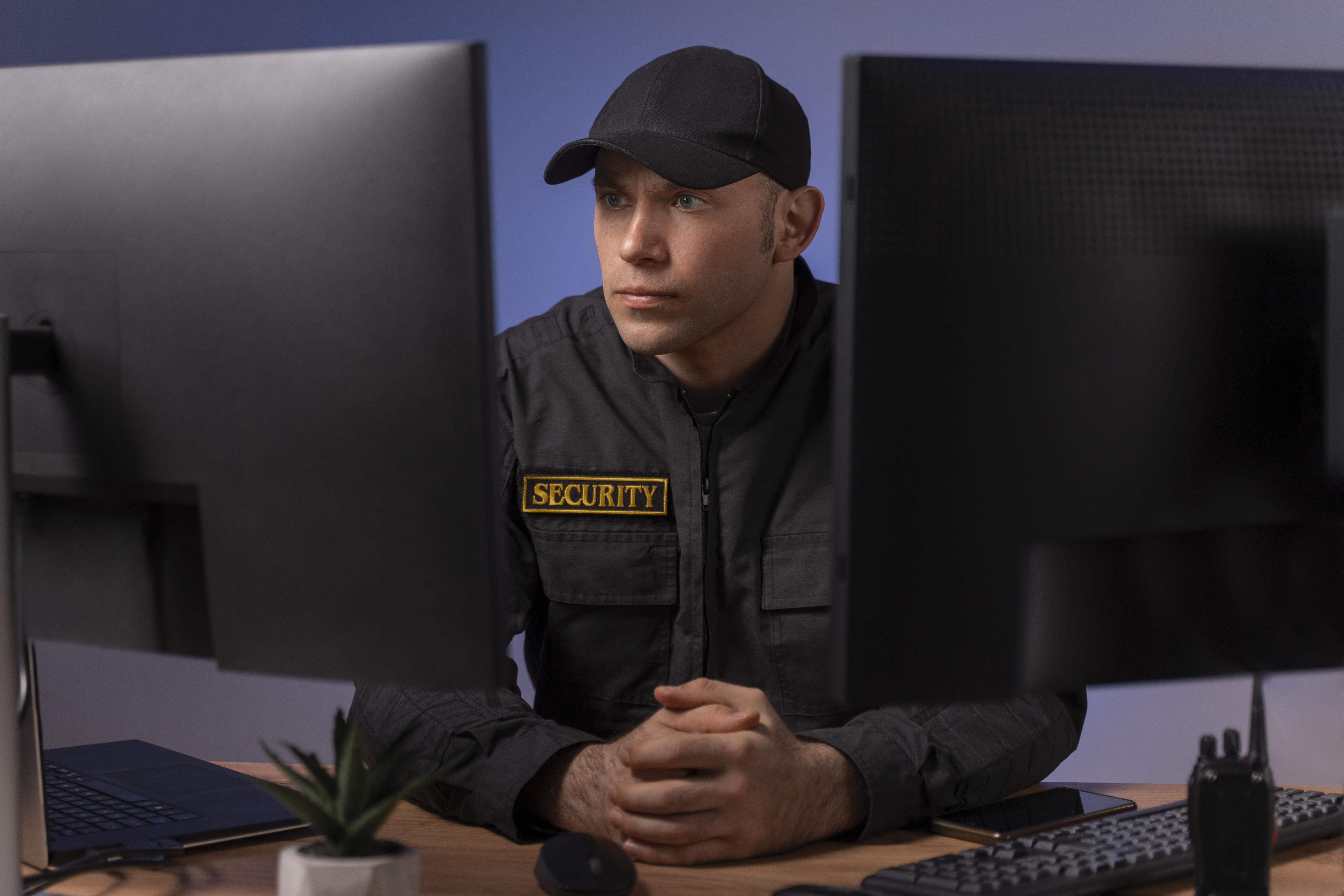 Successful security company owner sitting behind his desk